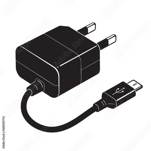 black and white silhouette of a mobile phone charger vector on a white background