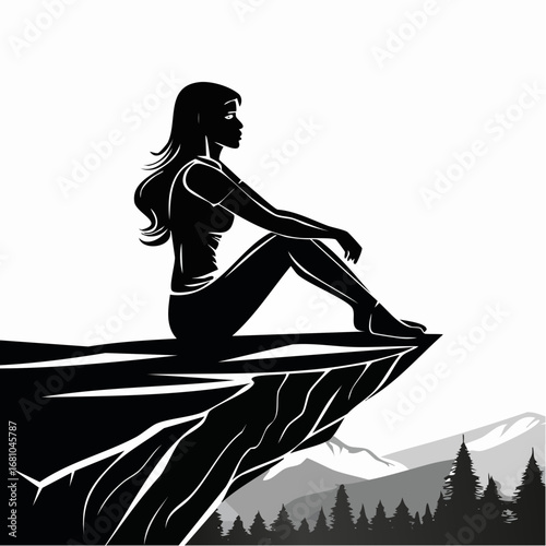 Beautiful woman sitting on mountain top and contemplating landscape silhouette vector.
