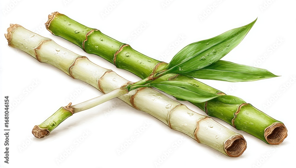 Fototapeta premium Fresh Green Bamboo Stalks and Leaves on White Background