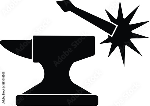 Striking hammer silhouette on anvil industrial forge symbol