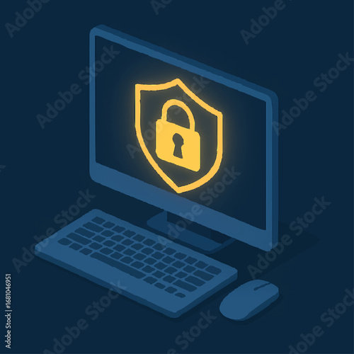 Corporate Cyber Security Desktop Computer with Shield and Lock Vector Illustration.