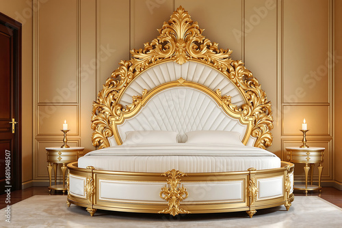 Luxurious Gold & White Round Bed: Ornate Baroque Style Bedroom Furniture with Intricate Carvings & Elegant Design for Upscale Interiors