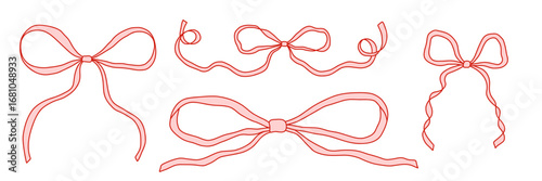 Set of hand drawn ribbon bows in coquette style. Cute feminine decorative elements for digital design, scrapbooking, planners, invitations, packaging, and social media. Isolated on white vector art