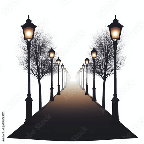 A Serene Winter Evening Path Illuminated by Vintage Street Lamps