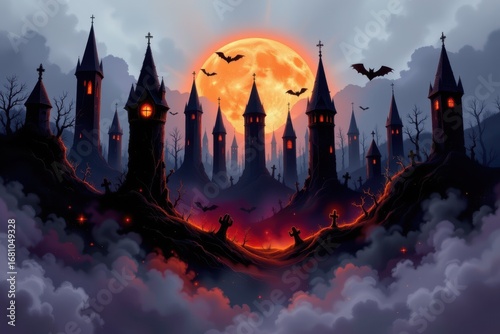 abstract halloween composition of jagged black shapes illuminated by soft orange glow, smoky purple layers, faint green reflections, mysterious depth conveyed visually.