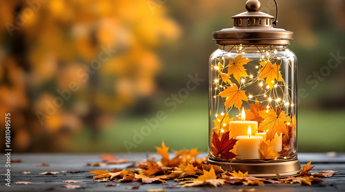 Autumn Lantern Decor: Cozy Fall Candlelight with Maple Leaves & Fairy Lights for Home Decor & Thanksgiving Ambiance