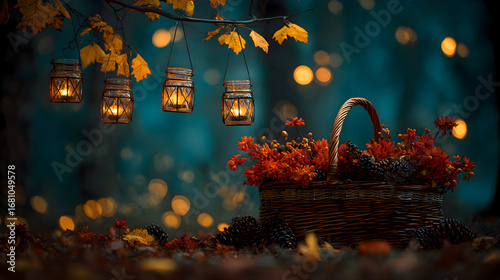 Autumnal Magic: Cozy Fall Scene with Glowing Lanterns, Basket of Autumn Leaves, and Warm Bokeh Lights in a Dreamy Forest Setting