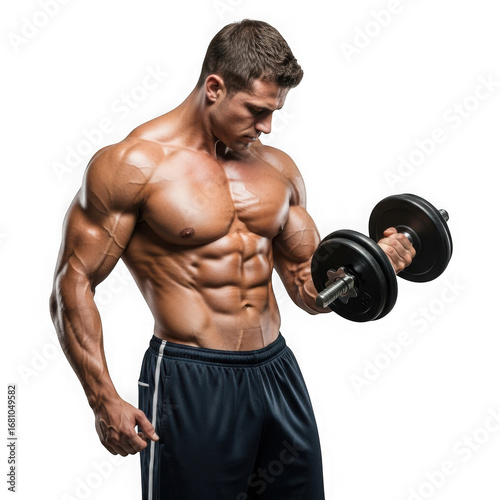 Muscular man lifting dumbbell isolated on transparent background