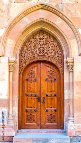 Ornate wooden doors in a stone archway