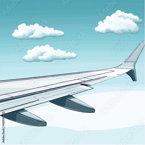 Airplane Wing and Clouds in a Blue Sky Cartoon Illustration