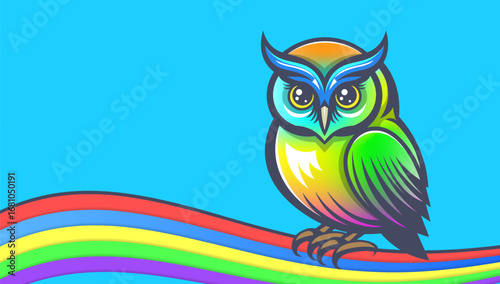 Vector beautiful colorful iridescent fairy wise owl. Smart bright cartoon bird. Rainbow color mythical toon fauna