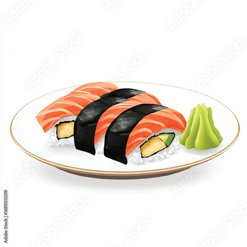 Artistic Illustration of Salmon Nigiri Sushi with Wasabi on a Plate