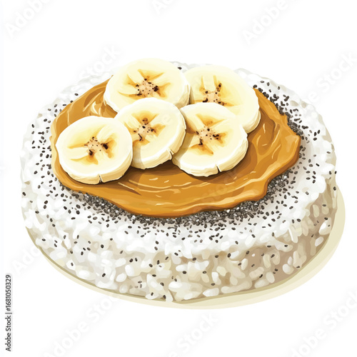 Artistic Illustration of Banana Slices atop Peanut Butter and Rice Cake