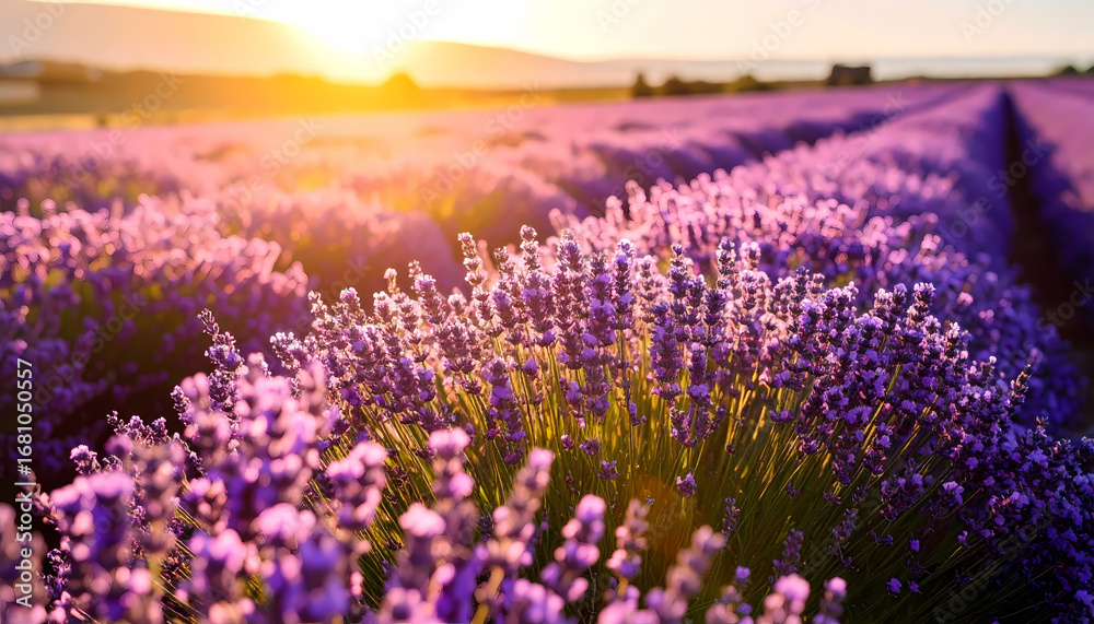 Obraz premium Beautiful purple lavender field at sunset. serene and calm nature landscape with golden sun and soft light. tranquil flower background