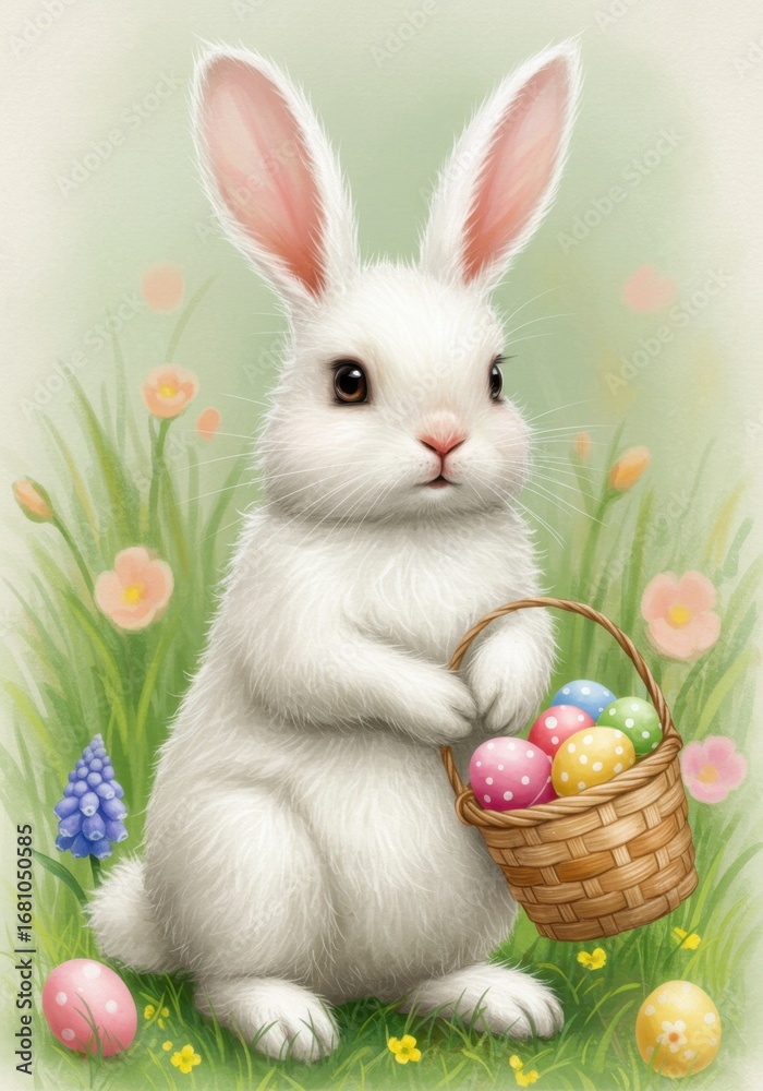 Obraz premium White Fluffy Bunny Holding Easter Egg Basket in Spring Meadow