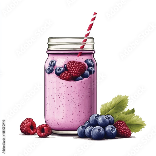 Berry Smoothie in Mason Jar with Striped Straw and Fresh Fruit Arrangement