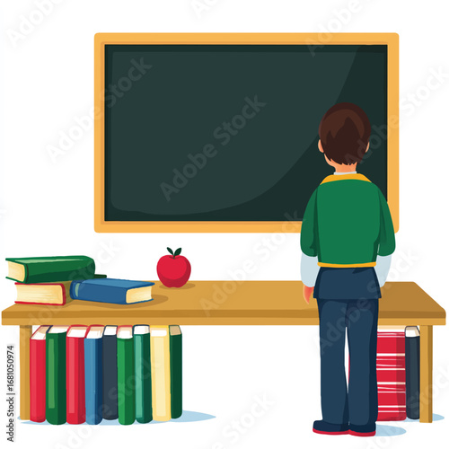Boy facing chalkboard with books and apple on desk in classroom setting