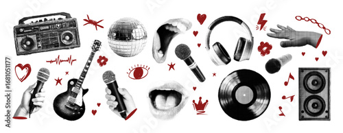 Halftone music elements set. Grunge punk dotted texture  for collage vinyl record, speaker, microphone, headphones, hands, mouth. Doodle scribbles collection. Vector.