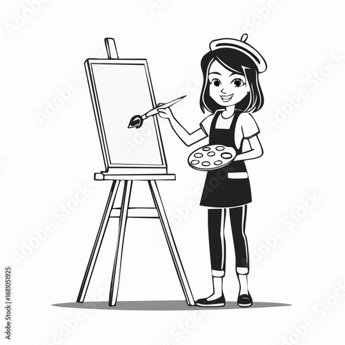 Pretty Girl artist paints on canvas painting on the easel image vector isolated on white background.