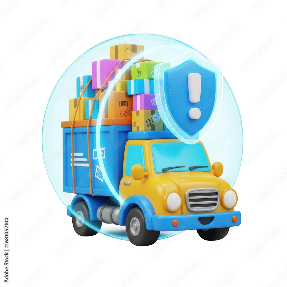 Naklejka premium Secure delivery truck with cargo and protective shield icon represents safe shipping services transparent background
