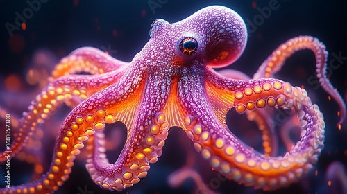 Fototapeta Naklejka Na Ścianę i Meble -  Vivid close up of a purple and orange octopus with detailed tentacles and texture