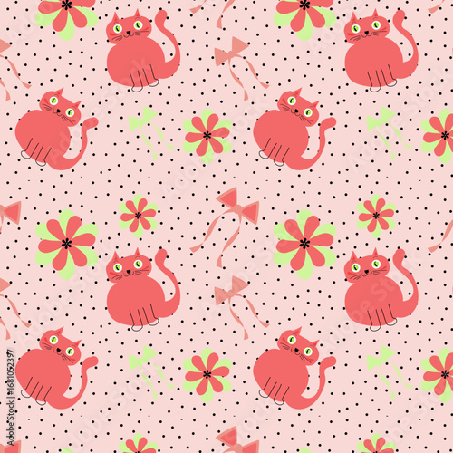 Pattern con gattini, fiocchi e fiori con pois neri su sfondo rosa. Illustrazione vettoriale 