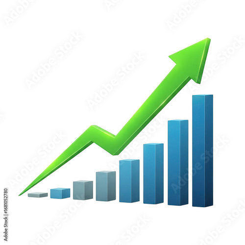 Green arrow shows upward trend over blue bar chart representing business growth and success transparent background Free Download Green arrow shows upward trend over blue bar chart representing business growth and success transparent background - GFXLoad