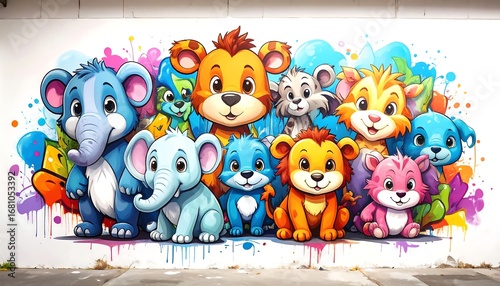 Fototapeta Naklejka Na Ścianę i Meble -  A vibrant mural of cartoon animals. A large group of cute, colorful animal characters are depicted in a mural-like format against a white wall.  Splashes of paint add a dynamic touch