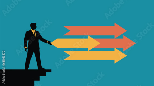 Silhouette of businessman on ledge pointing towards orange and yellow arrows on a blue background