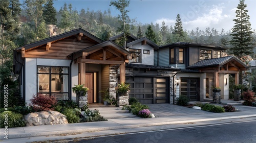 Modern houses boast stylish architecture and seamlessly blend with the lush greenery of the surrounding nature.