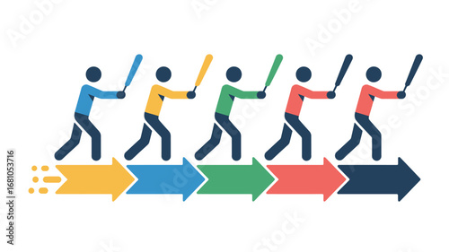 Five stick figures holding bats moving forward on colored arrows in a progression sequence illustration