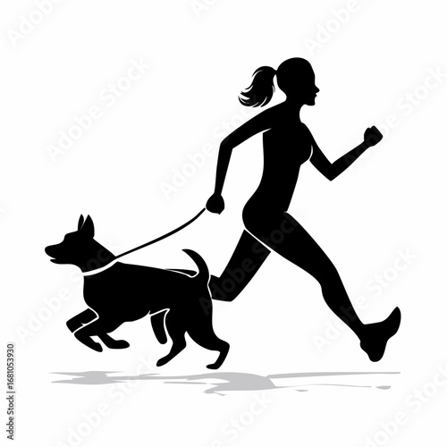 Woman Running With Dog Silhouette vector isolated on white background.