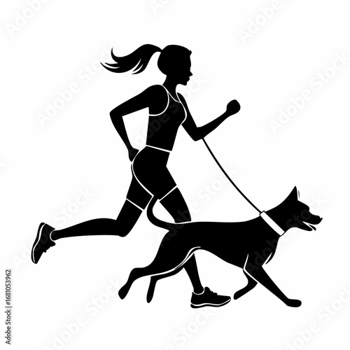 Woman Running With Dog Silhouette vector isolated on white background.