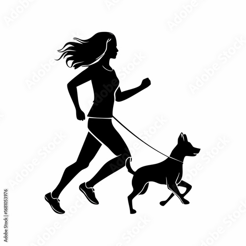 Woman Running With Dog Silhouette vector isolated on white background.