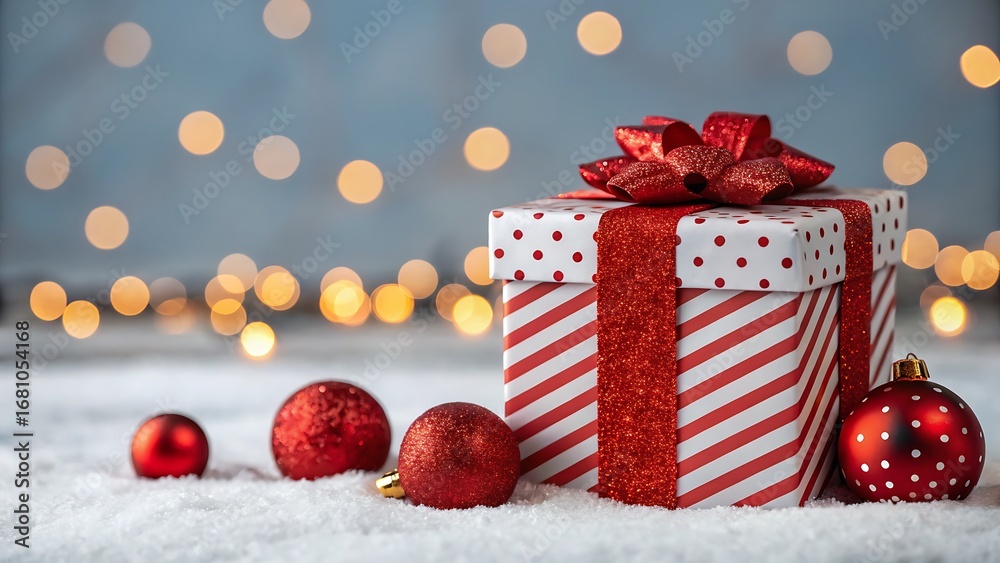 Obraz premium Festive christmas gift box with red ornaments nestled in soft white snow and bokeh lights