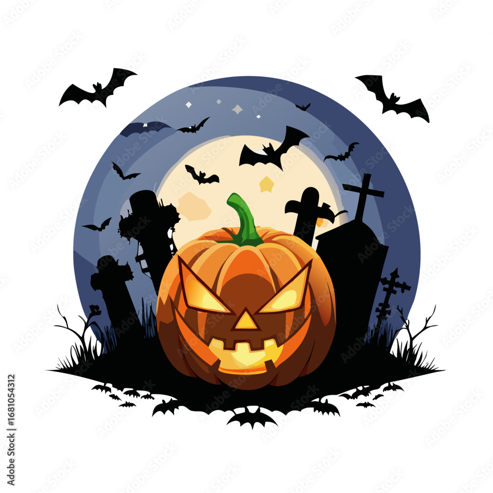 Fototapeta premium Halloween pumpkin with spooky graveyard and bats