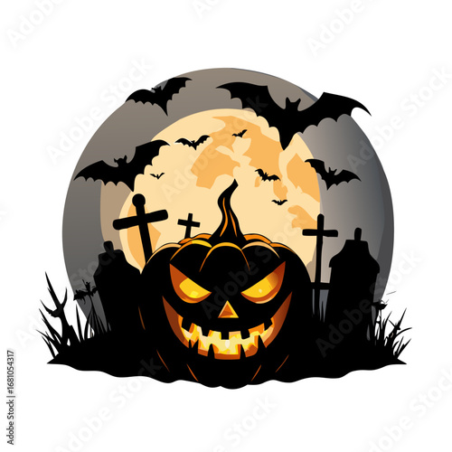 Spooky halloween pumpkin with graveyard and bats