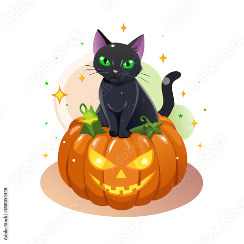 A black cat sits atop a glowing jackolantern