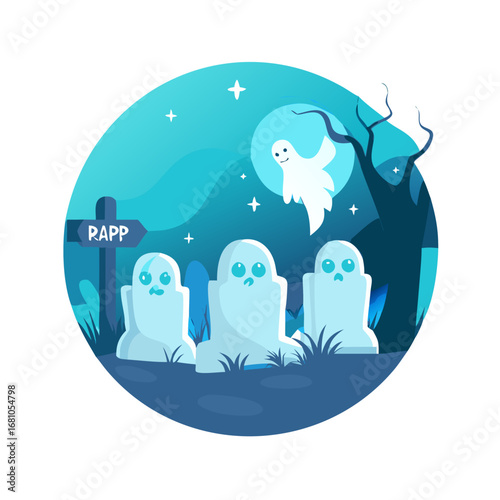Halloween graveyard with ghosts under moonlight