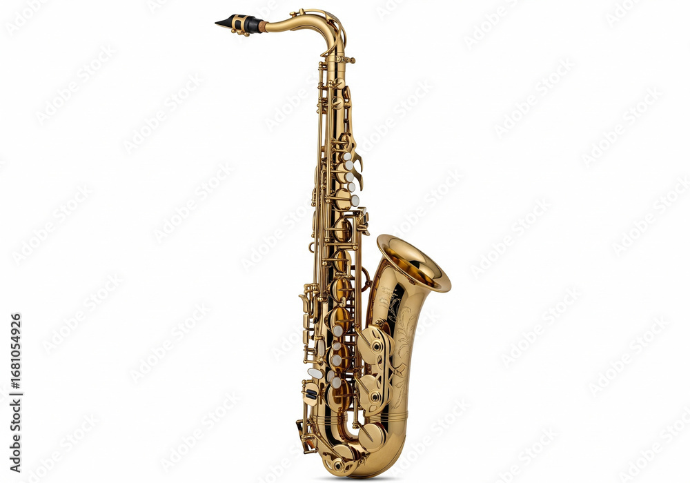 Naklejka premium Studio shot of a classic golden alto saxophone, a brass woodwind musical instrument for jazz music, isolated on a white background