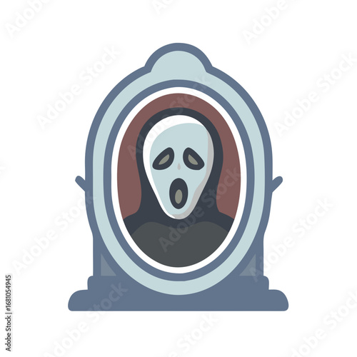 Spooky ghost face reflected in an antique mirror