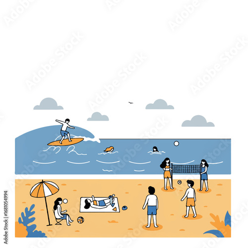 A vibrant flat 2D vector illustration of a lively summer beach scene with people enjoying various activities: surfing a wave, swimming, sunbathing, and playing volleyball.