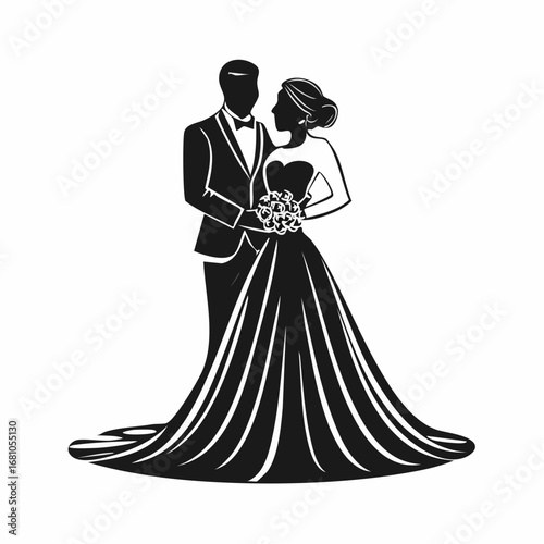Silhouette of a bride and groom in a wedding dress image vector isolated on white background.