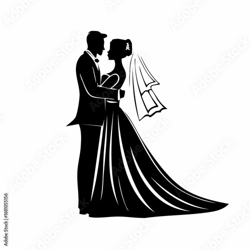 Silhouette of a bride and groom in a wedding dress image vector isolated on white background.