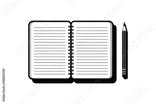 Open spiral notebook with lined pages and a pencil on a white background