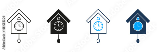 Cuckoo Clock Line And Solid Icon Set. Traditional Timekeeping, Home Decor, And Vintage Style Silhouette Symbol Collection. Antique Clock Design. Isolated Vector Illustration