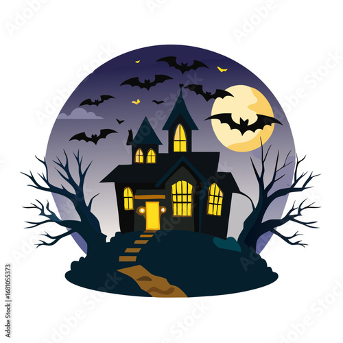 A spooky haunted house under the moonlight with bats flying around on halloween night