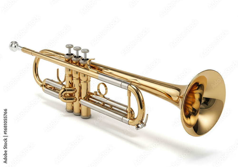 Obraz premium Elegant gold lacquered trumpet, a classic brass wind instrument used in symphony orchestras and jazz bands, isolated on a white background