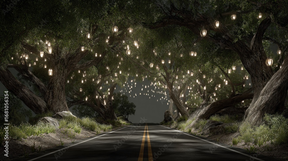 Obraz premium Illuminated road through a canopy of trees at night