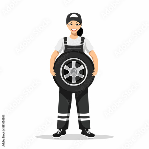 Full length portrait of a car mechanic holding a tire image vector isolated on white background.